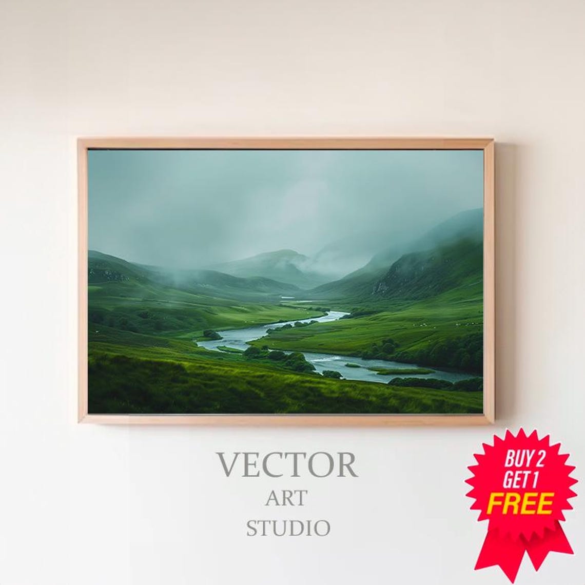 Foggy Emerald Valley With Winding River Ireland Landscape Art Poster