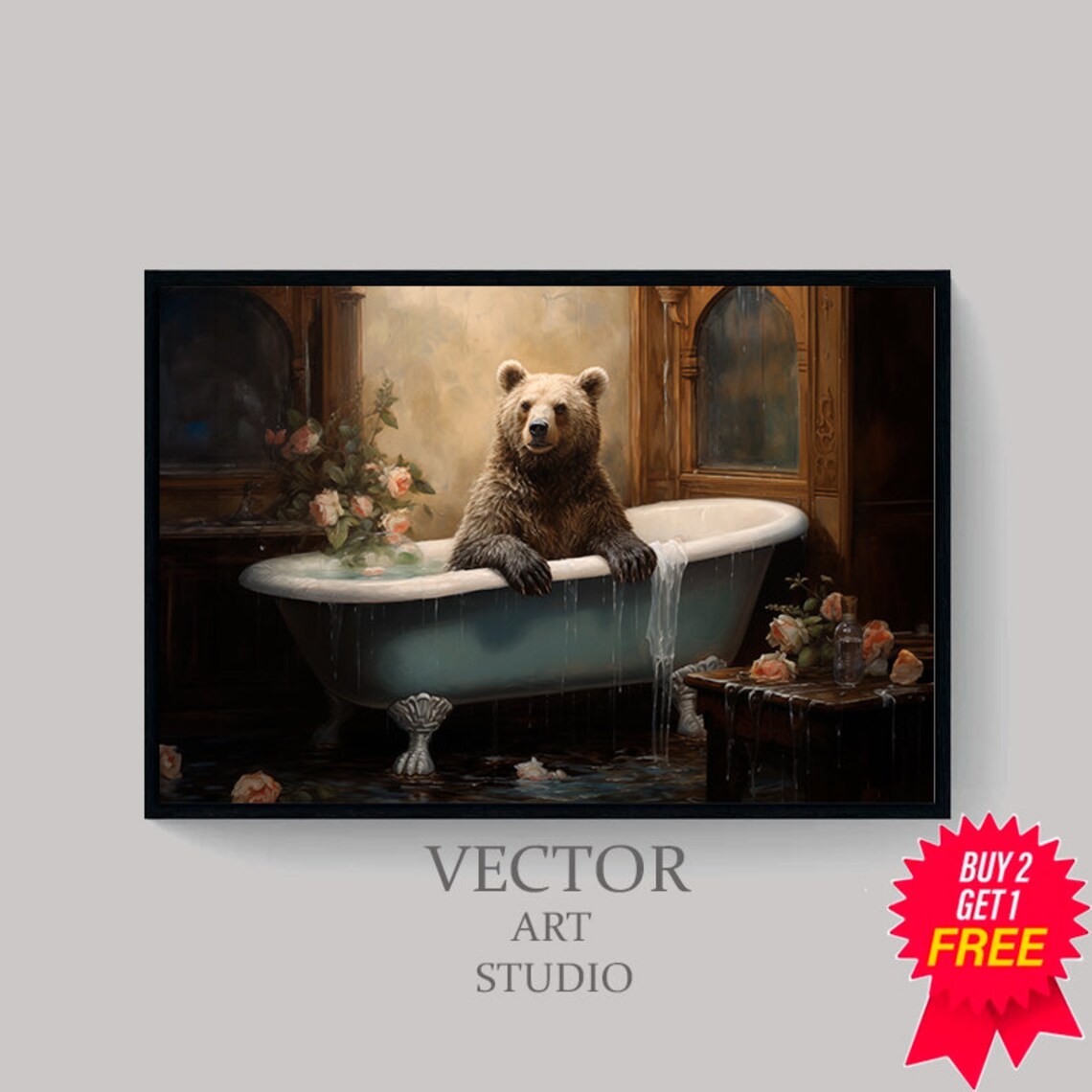 Brown Bear Relaxing in Vintage Clawfoot Bathtub Funny Animal Art Poster - Image 4