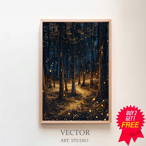 Magic Forest Wall Art Fantasy Painting Fireflies Poster Lightning Bug Electric Forest