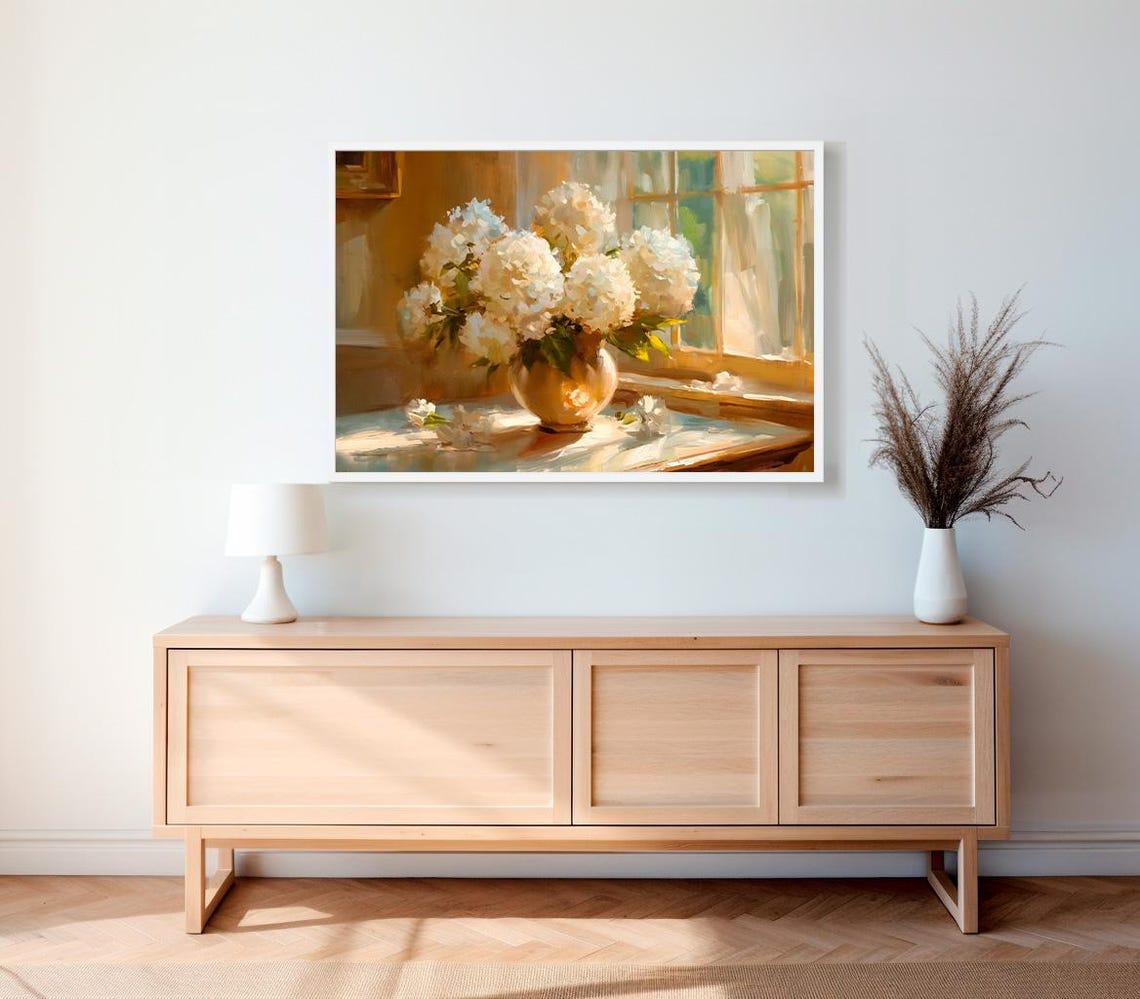 White Hydrangeas in a Golden Vase by a Sunlit Window Floral Art Poster - Image 2