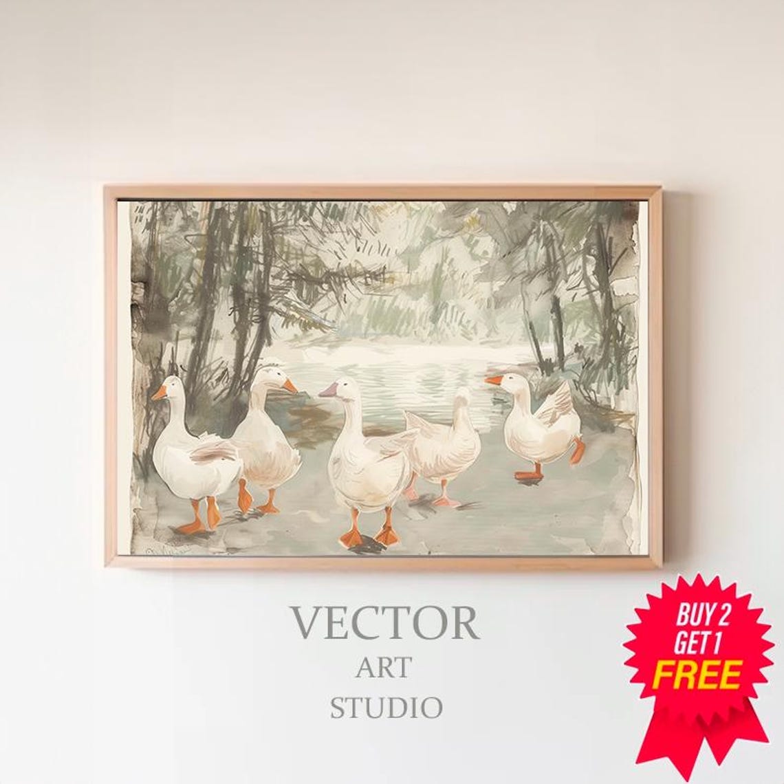 Five White Geese Walking Through Watercolor Farmhouse Poster