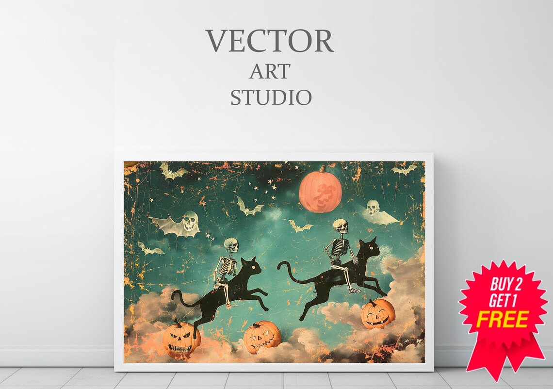 Vintage Halloween Black Cat and Ghost Art Print - Image 3