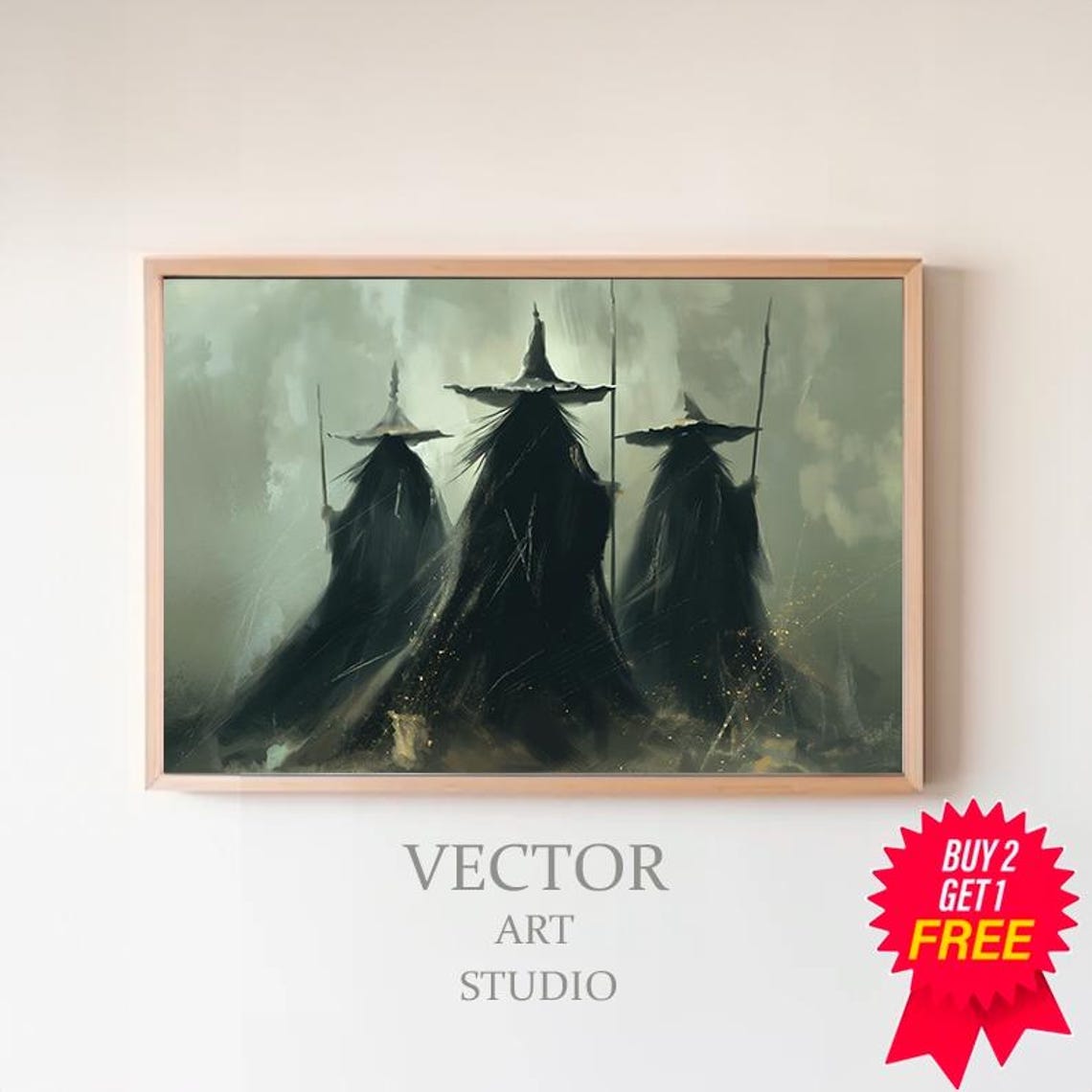 Three Witches in Misty Fog Vintage Halloween Painting Wall Art