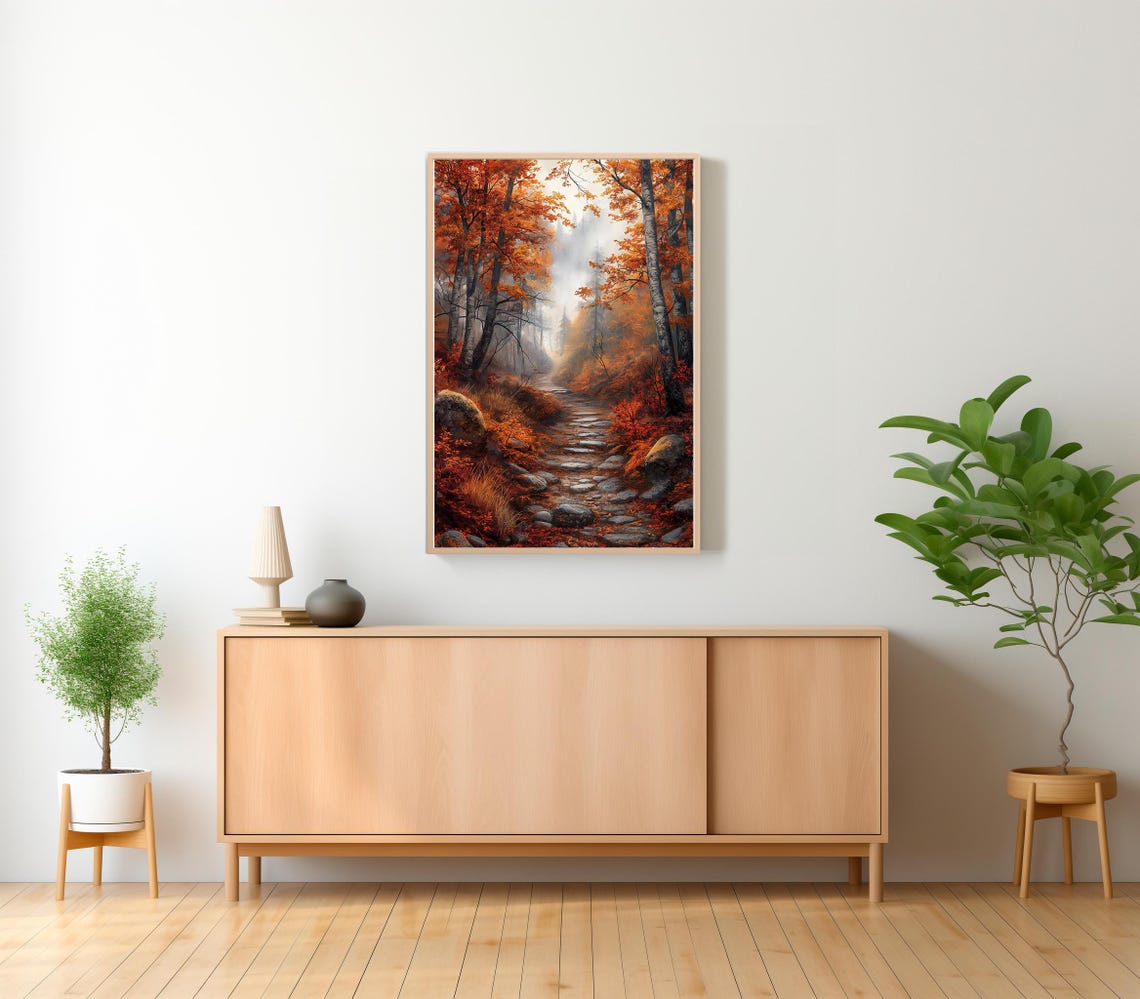 Moody Misty Autumn Forest Trail with Orange Birch Trees Poster - Image 2