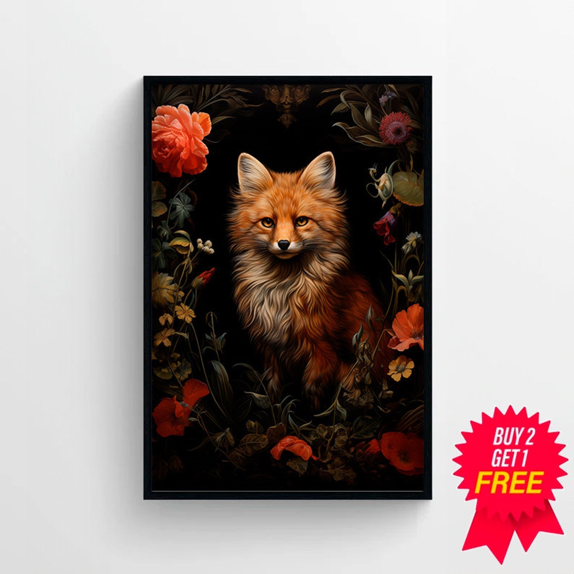 Red Fox Framed By Dark Floral Vines Moody Botanical Art Poster - Image 4