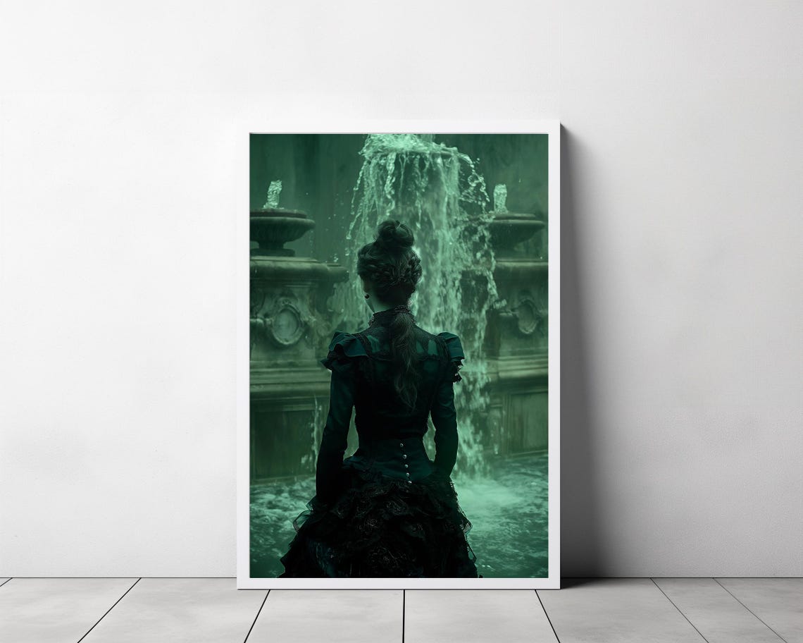 Woman In Dark Victorian Gown Before Fountain Back View Poster - Image 3