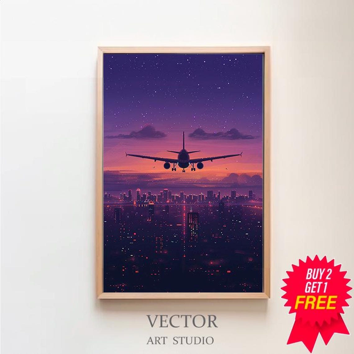 Airplane Over Neon City Night Sky Synthwave Travel Art Poster