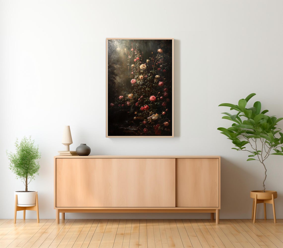Wild Roses Blooming in a Shadowy Dark Cottagecore Garden Wall Poster - Image 2