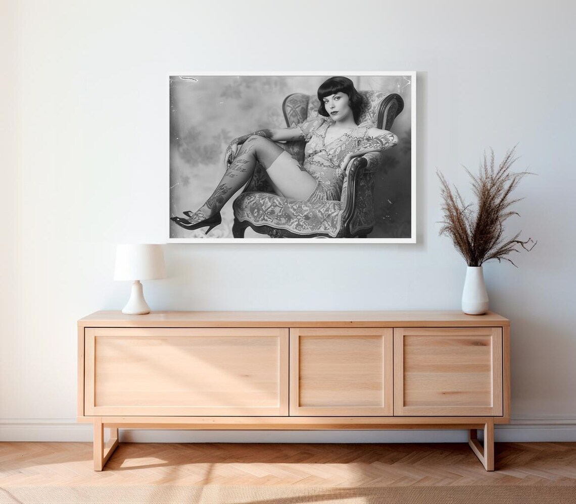 Tattooed Vintage Woman in Armchair Black and White Photo Poster - Image 2