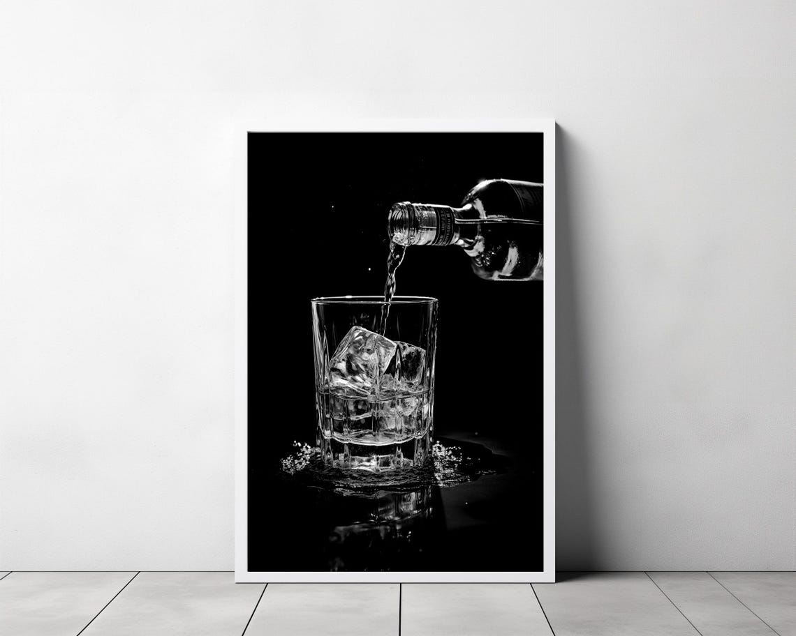 Black and White Whisky Pour Glass Bottle Bar Photograph Poster - Image 3