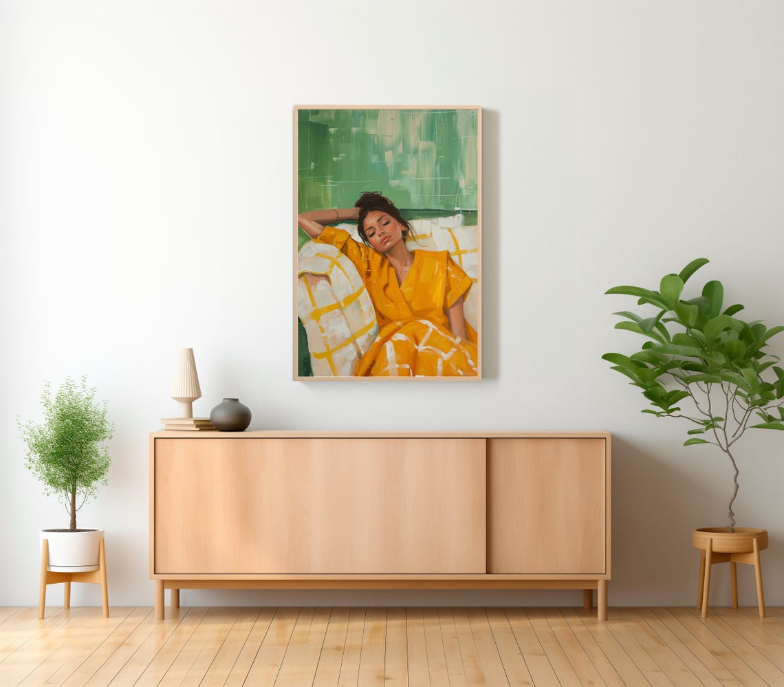 Painted Woman in a Mustard Yellow Dress Reclining on a Couch Poster - Image 2