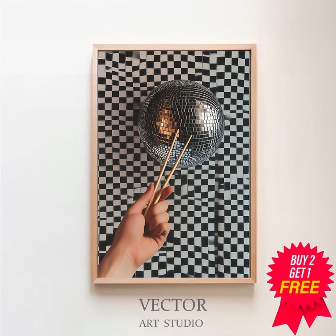 Hand Holding a Silver Disco Ball with Chopsticks Retro Pop Art Poster
