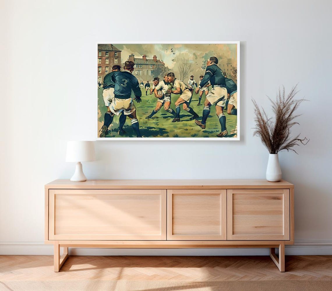 Vintage Rugby Scrum Action Painting Small Town Sports Poster - Image 2