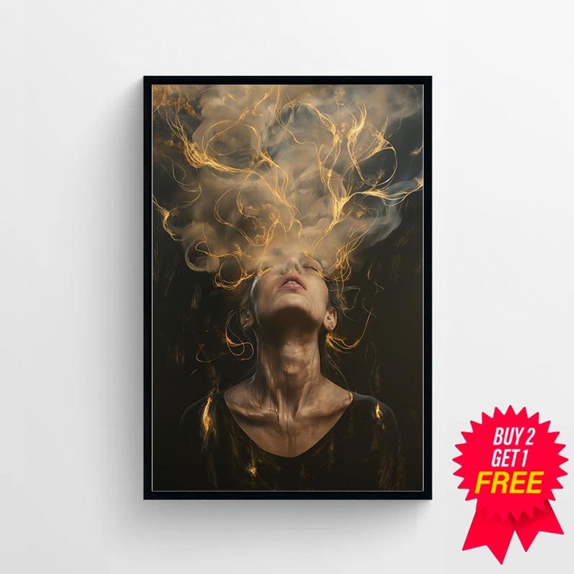 Woman with Golden Smoke Rising from Head Surreal Portrait Poster - Image 4