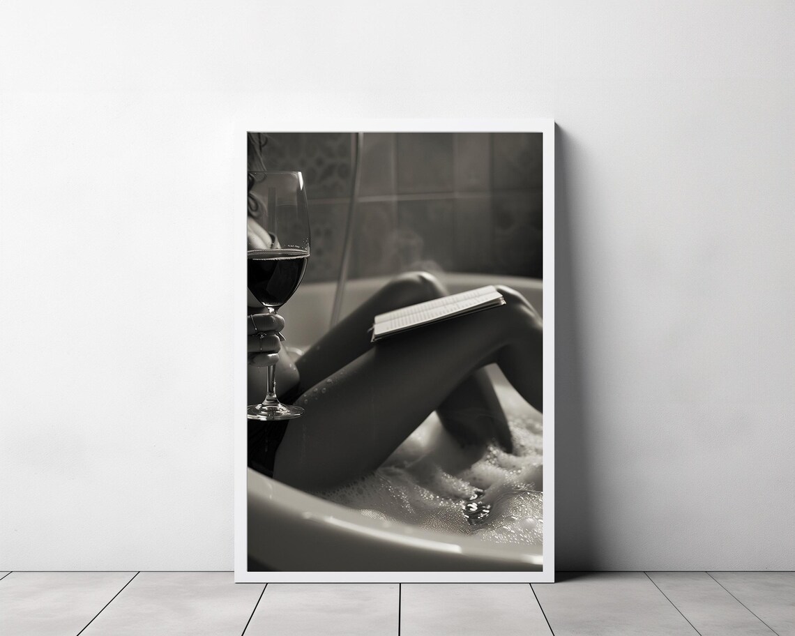 Woman with Wine Glass Reading in Bathtub Black and White Art Print - Image 3