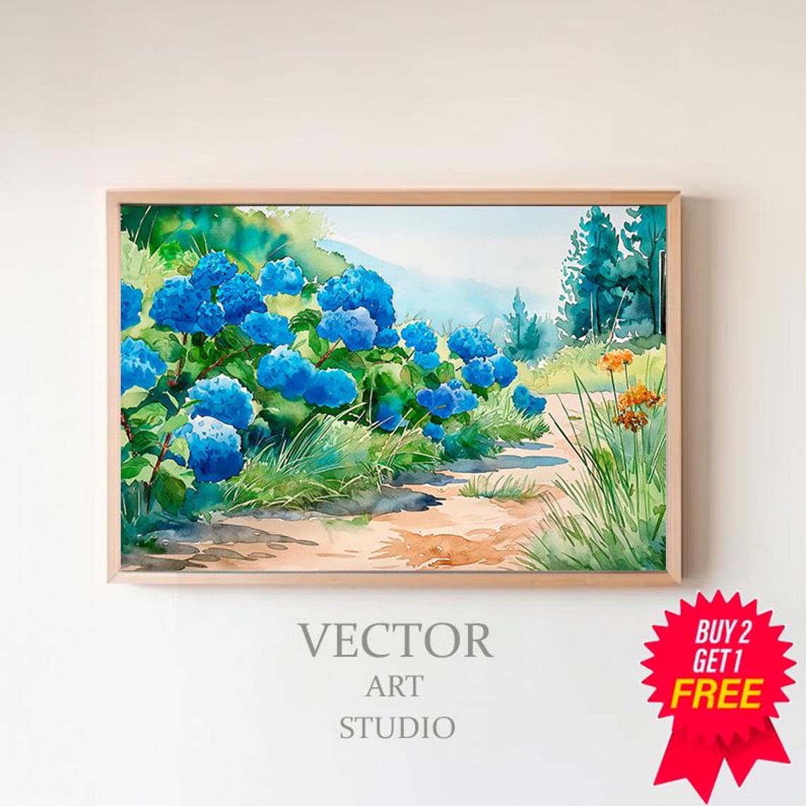 Bright Blue Hydrangeas Watercolor Garden Path Sunny Floral Poster