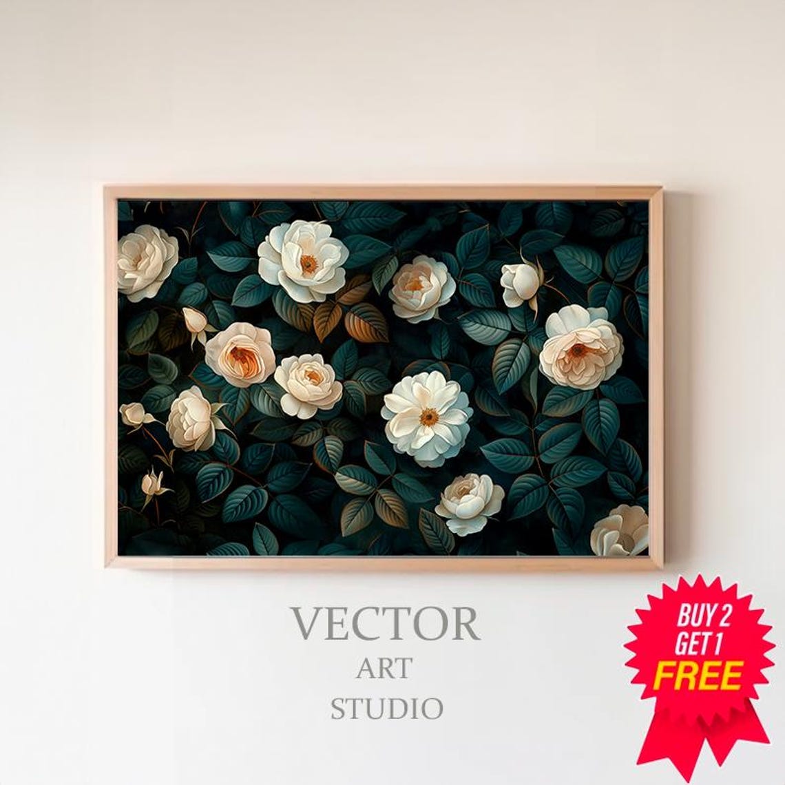White Roses Dark Green Repeat Pattern Botanical Garden Poster
