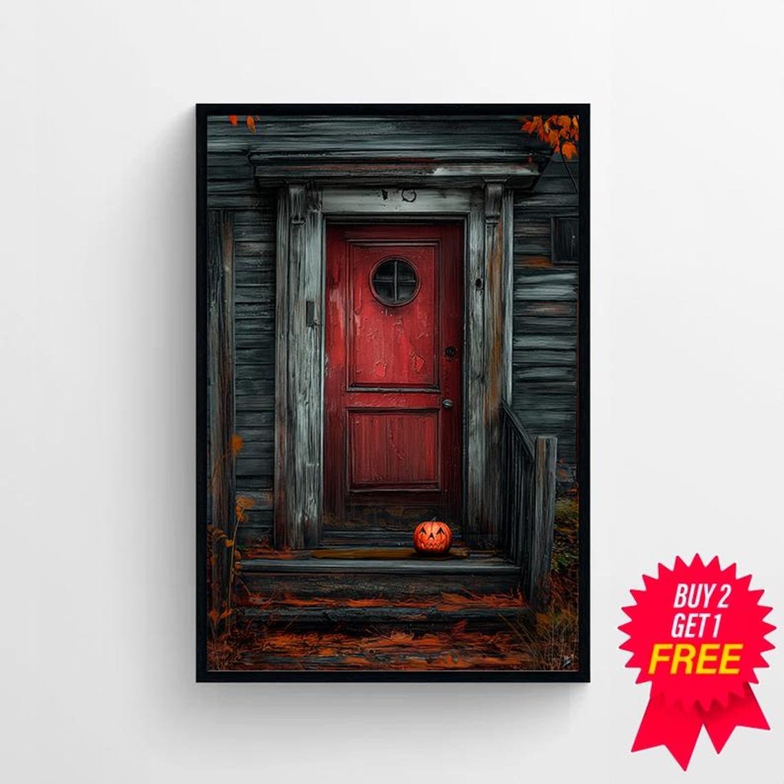 Spooky Red Door with Small Jack-O-Lantern on Doorstep Halloween Poster - Image 4
