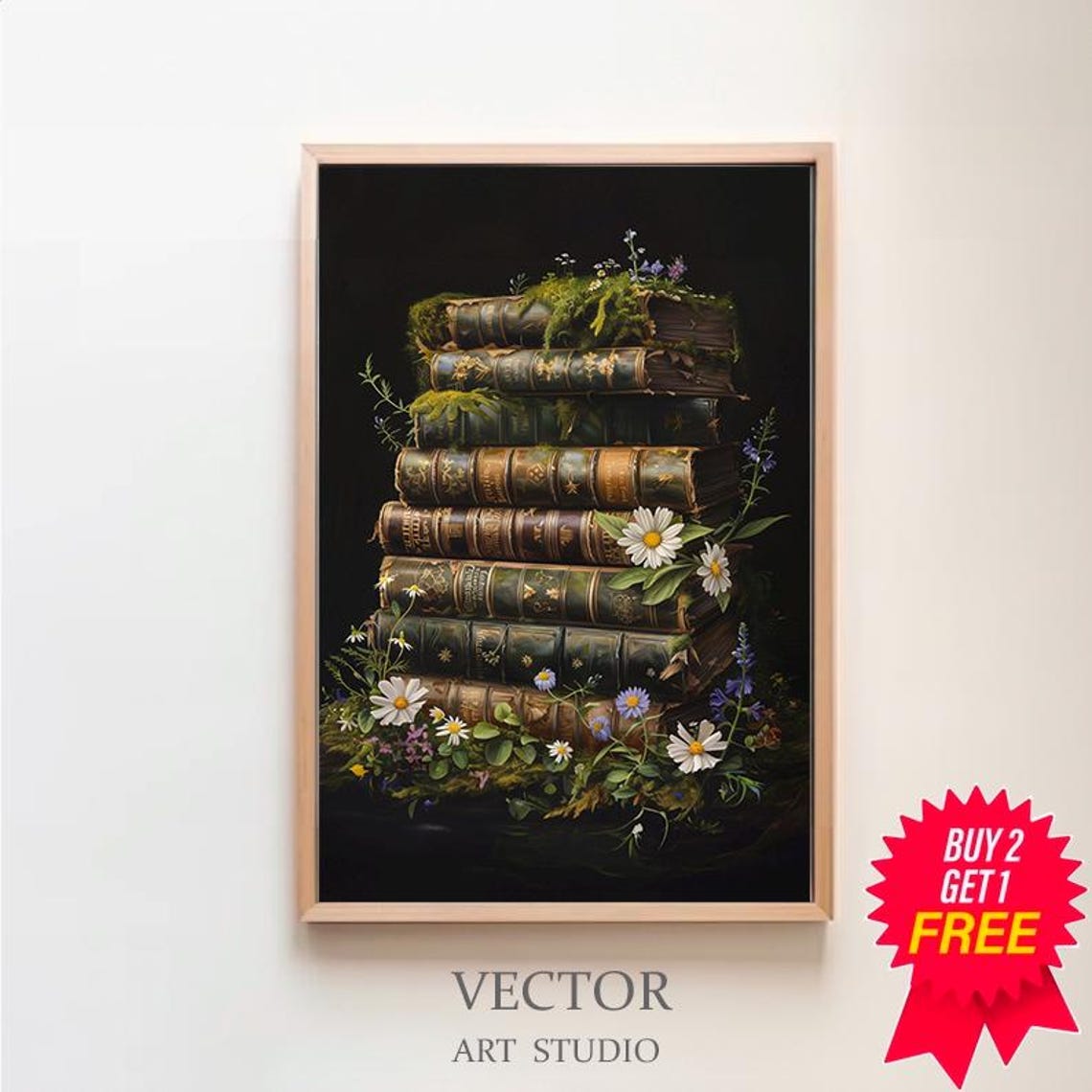 Tall Stack of Old Mossy Antique Books With Wildflowers Poster