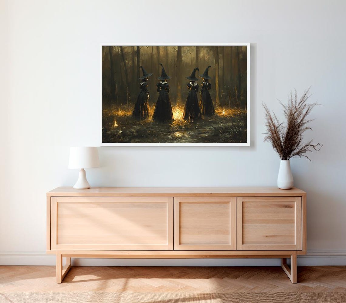 Four Witches in Misty Forest with Glowing Lights Witchy Poster - Image 2