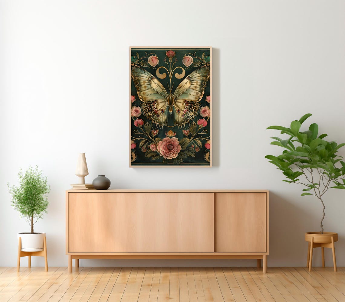 Golden Butterfly with Roses Art Nouveau Dark Green Vintage Art Poster - Image 2