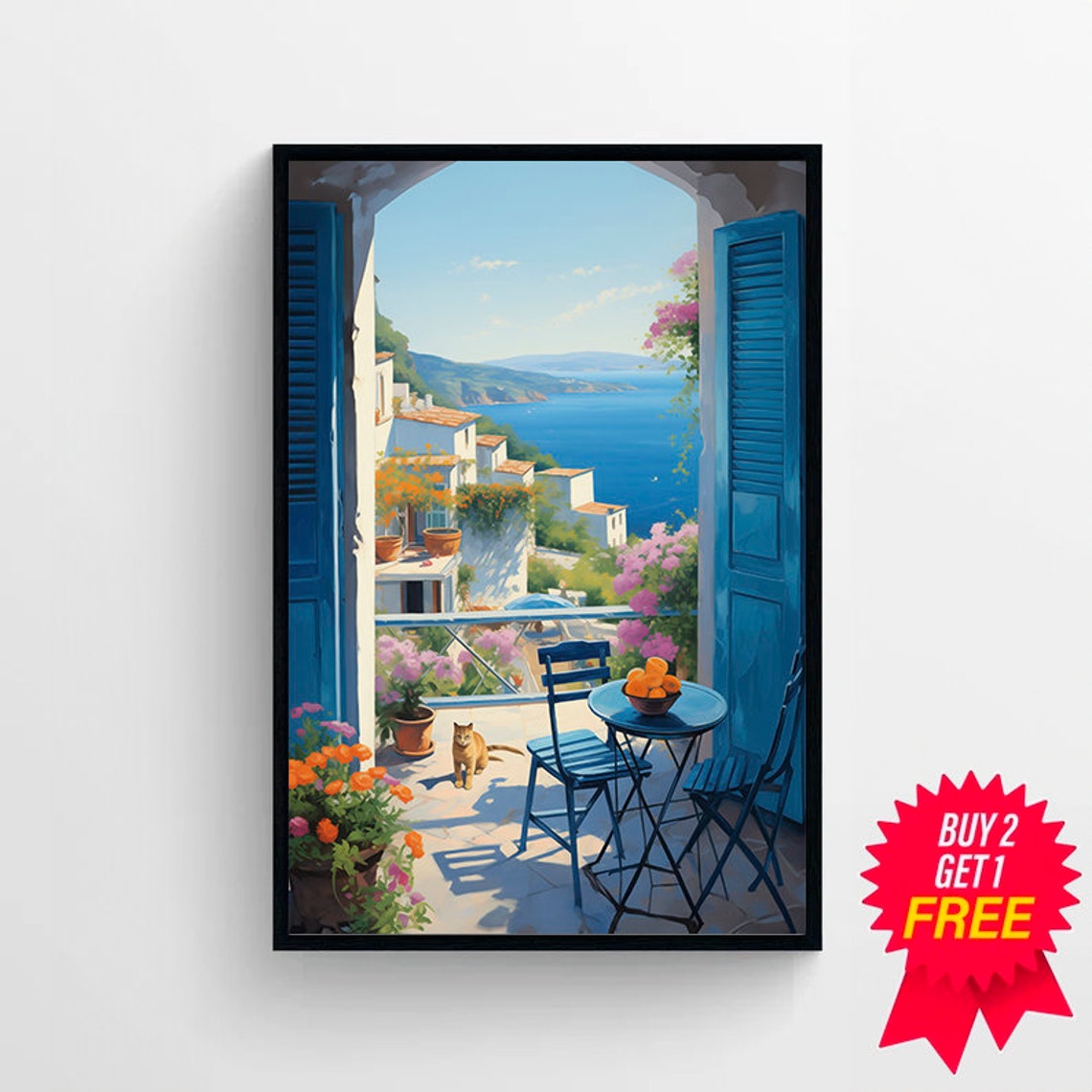 Mediterranean Terrace with Cat Overlooking the Sea Painting Poster - Image 4