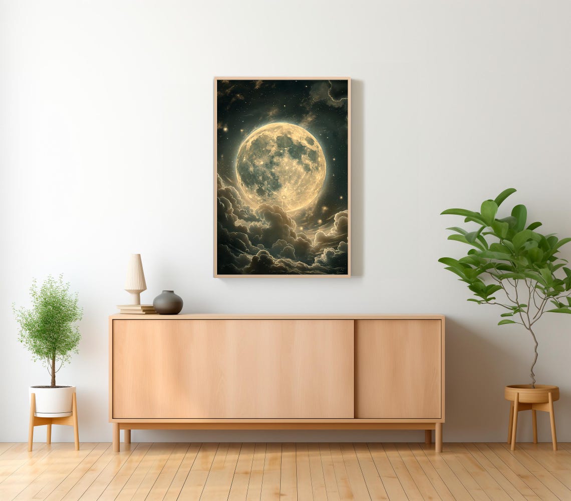 Giant Golden Full Moon In Dark Starry Clouds Celestial Night Poster - Image 2