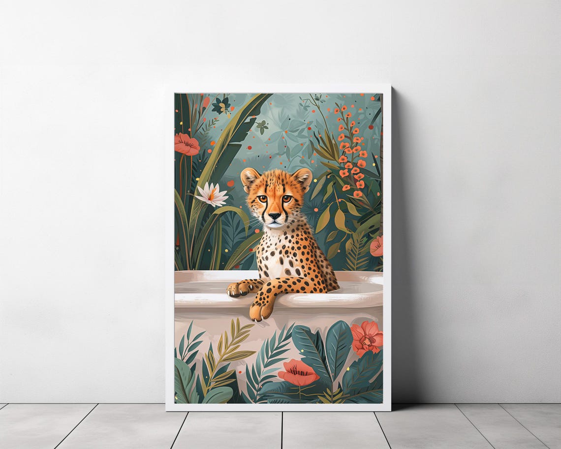 Cheetah Cub Relaxing in Bathtub Teal and Coral Floral Poster - Image 3