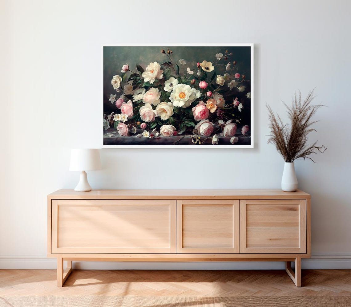 White and Pink Roses in a Low Arrangement on a Moody Ledge Art Poster - Image 2
