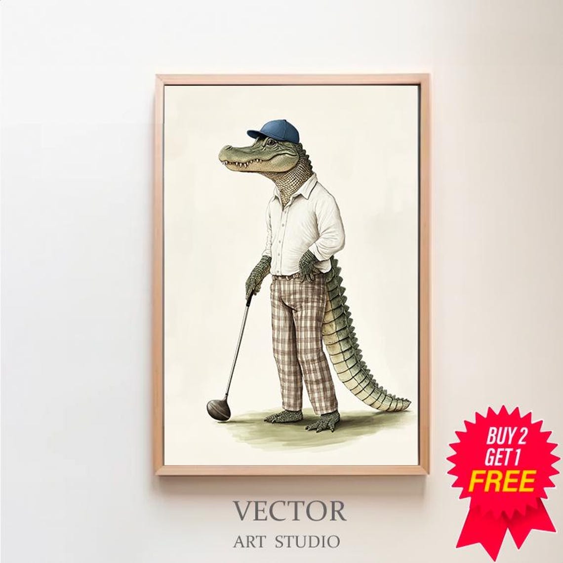 Alligator Golfer in Plaid Pants and Blue Cap Funny Animal Poster