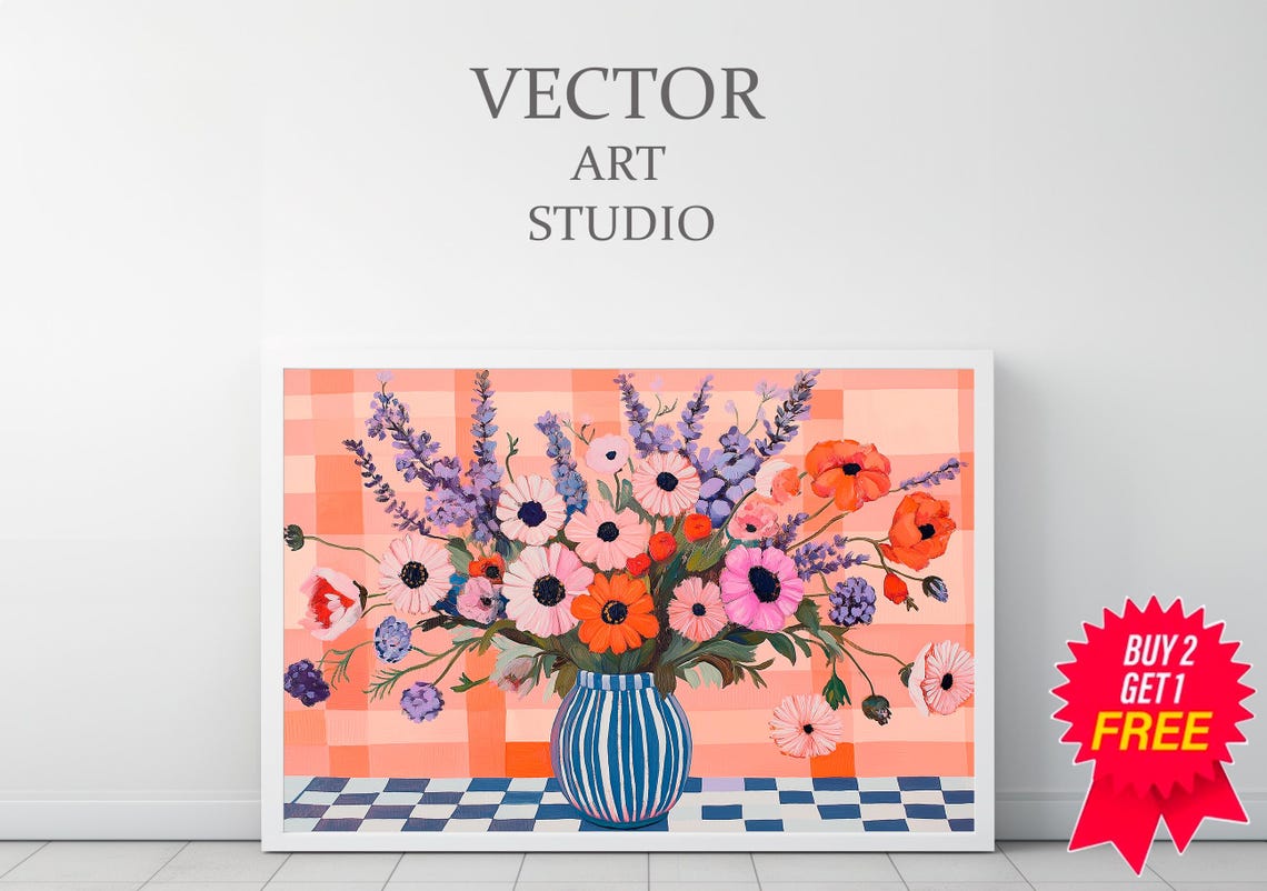 Bold Floral Still Life in Striped Vase on Checkerboard Poster - Image 3