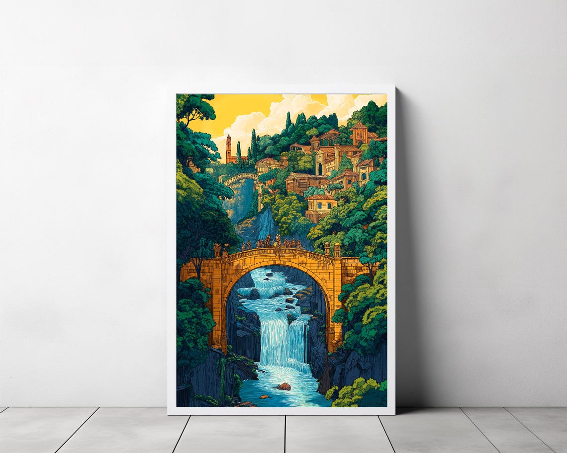 Fantasy Elven Stone Bridge Waterfall Village Landscape Poster - Image 3