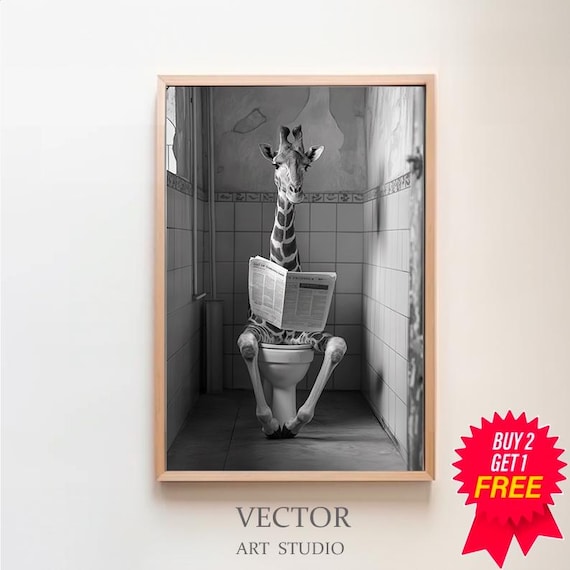 Giraffe Reading Her Newspaper on the Toilet Funny Bathroom Poster