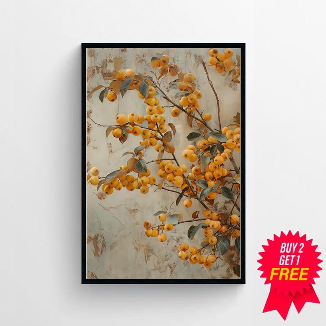 Golden Berry Branches Vintage Still Life on Aged Plaster Poster - Image 4