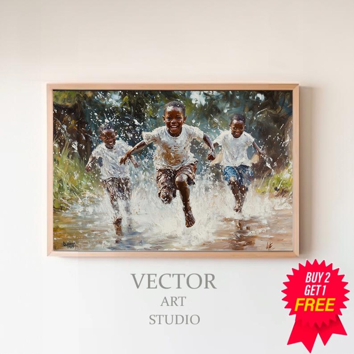 African Children Playing in Rain, Wall Art Print