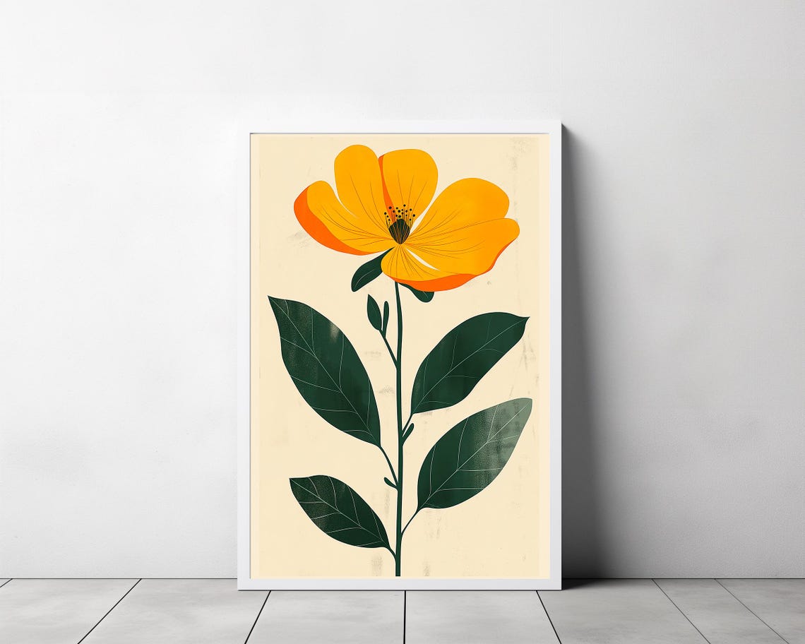 Yellow Buttercup Bloom on Cream Minimalist Floral Art Poster - Image 3