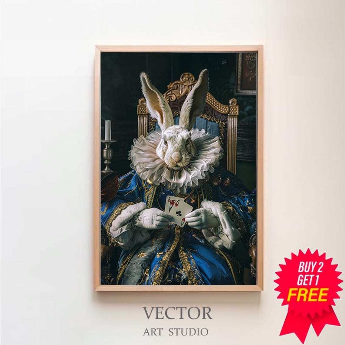 White Rabbit In Royal Robes Holding Ace Playing Cards Poster