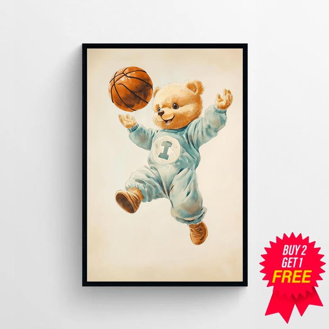 Teddy Bear in Blue Pajamas Number 1 Tossing a Basketball Poster - Image 4