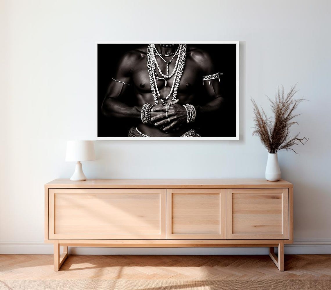 Black and White African Portrait with Beaded Necklaces Art Poster - Image 2