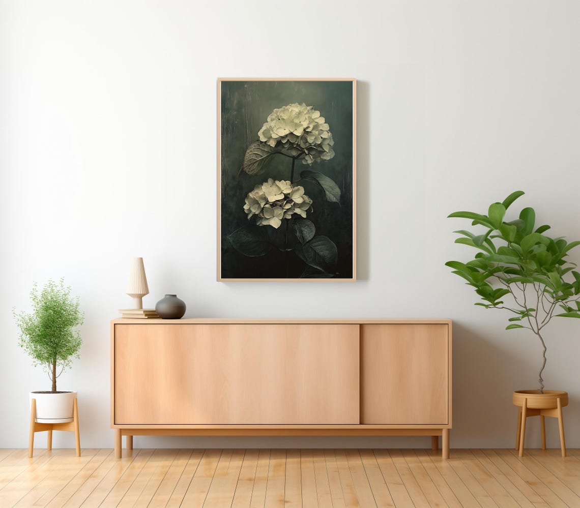 Elegant White Hydrangea on Moody Dark Green Botanical Poster - Image 2