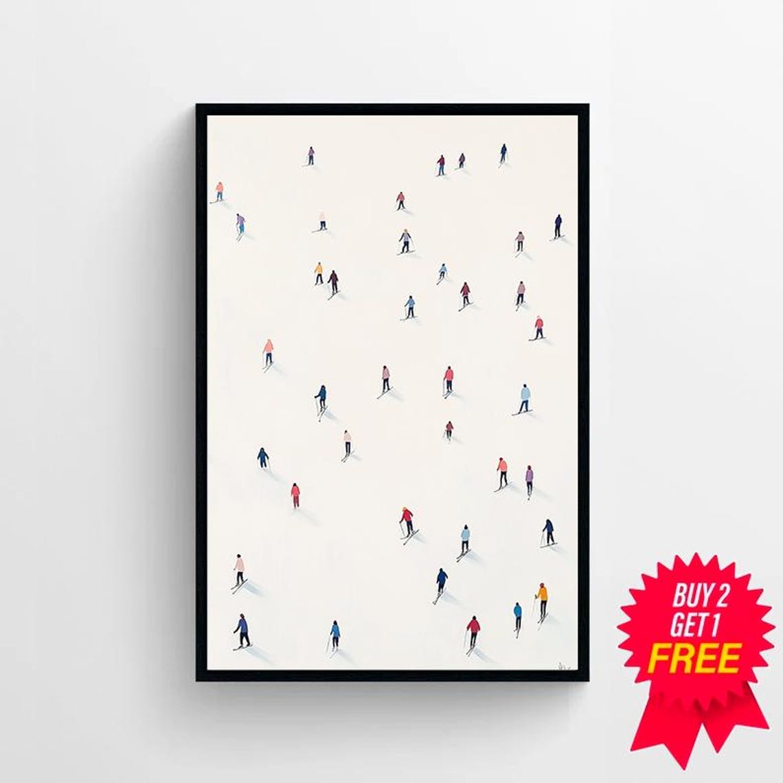 Minimalist Watercolor of Tiny Colorful Skiers on White Snow Poster - Image 4