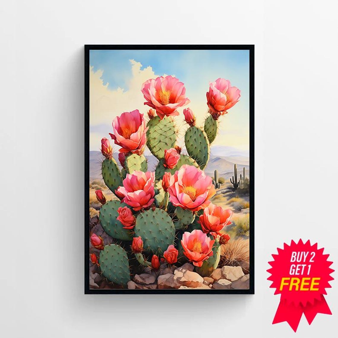 Prickly Pear Cactus with Pink Blooms Desert Morning Watercolor Poster - Image 4