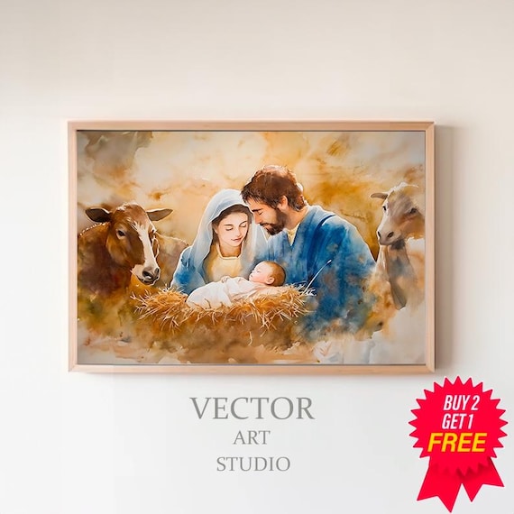 Warm Golden Watercolor Nativity Scene Of The Holy Family Christmas Print