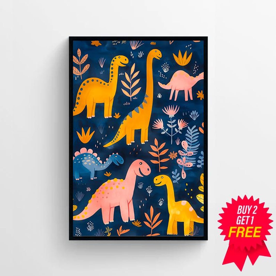 Golden Pink Long Neck Dinosaurs Midnight Navy Kids Room Poster - Image 4