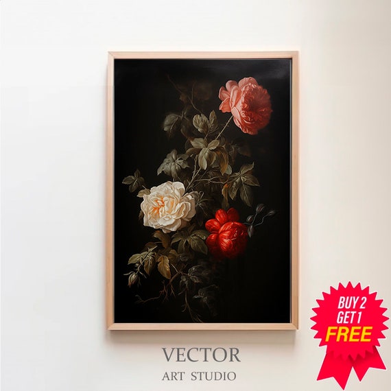 Vintage Moody Dark Flower Print Art Dark Academia Botanical Wall Art Floral Still Life Oil Painting