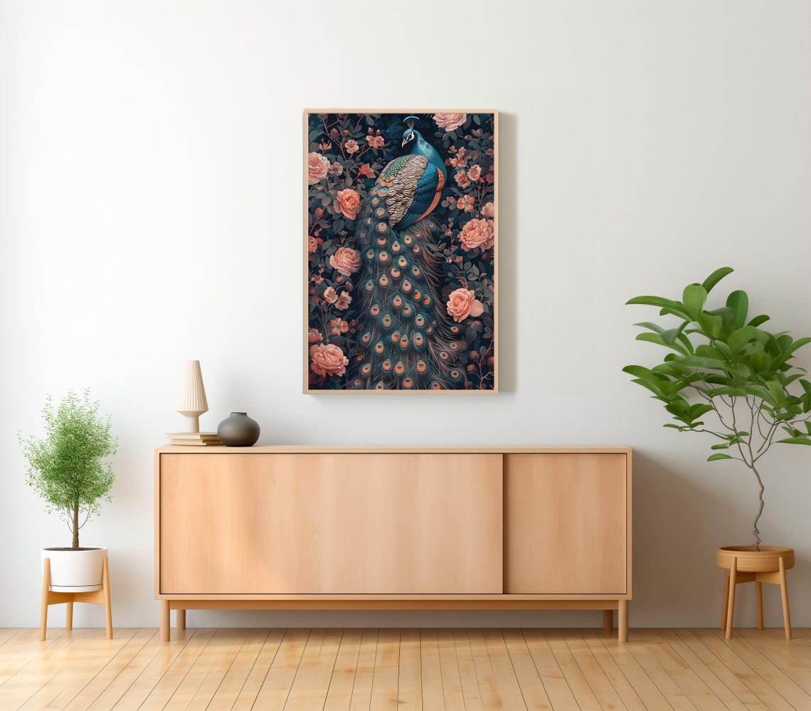 Peacock with Flowing Tail Feathers in a Pink Rose Garden Art Poster - Image 2