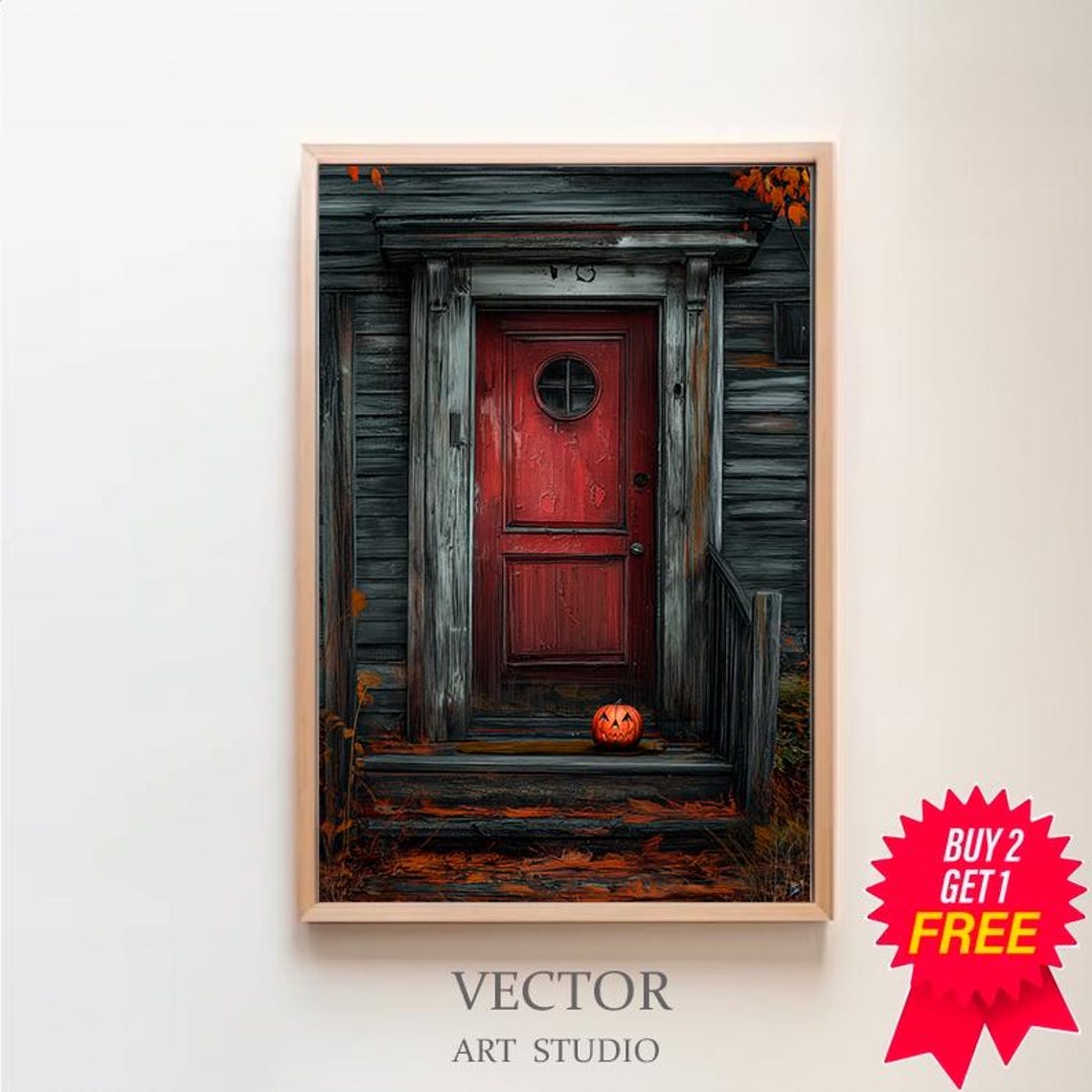 Spooky Red Door with Small Jack-O-Lantern on Doorstep Halloween Poster