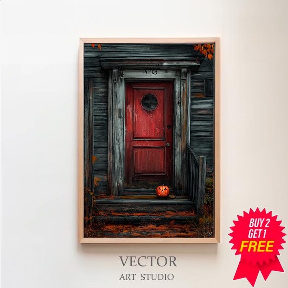 Spooky Red Door with Small Jack-O-Lantern on Doorstep Halloween Poster