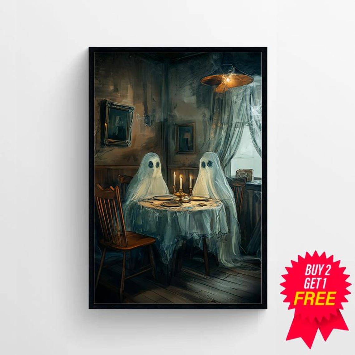 Two Ghosts Sharing Candlelit Dinner In Vintage Dining Room Poster - Image 4