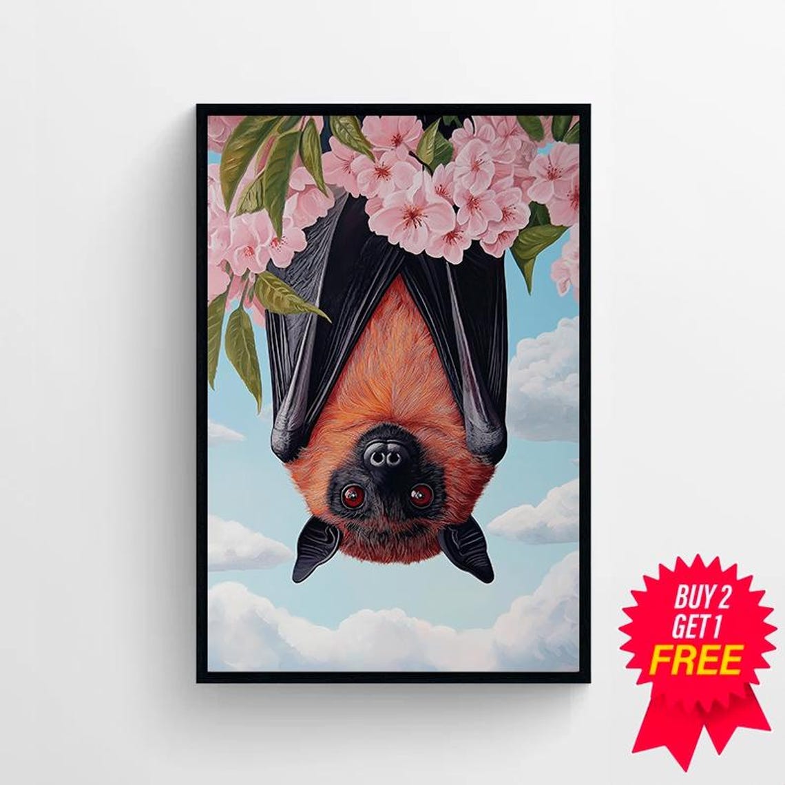 Flying Fox Bat Hanging Among Pink Cherry Blossoms Whimsical Poster - Image 4